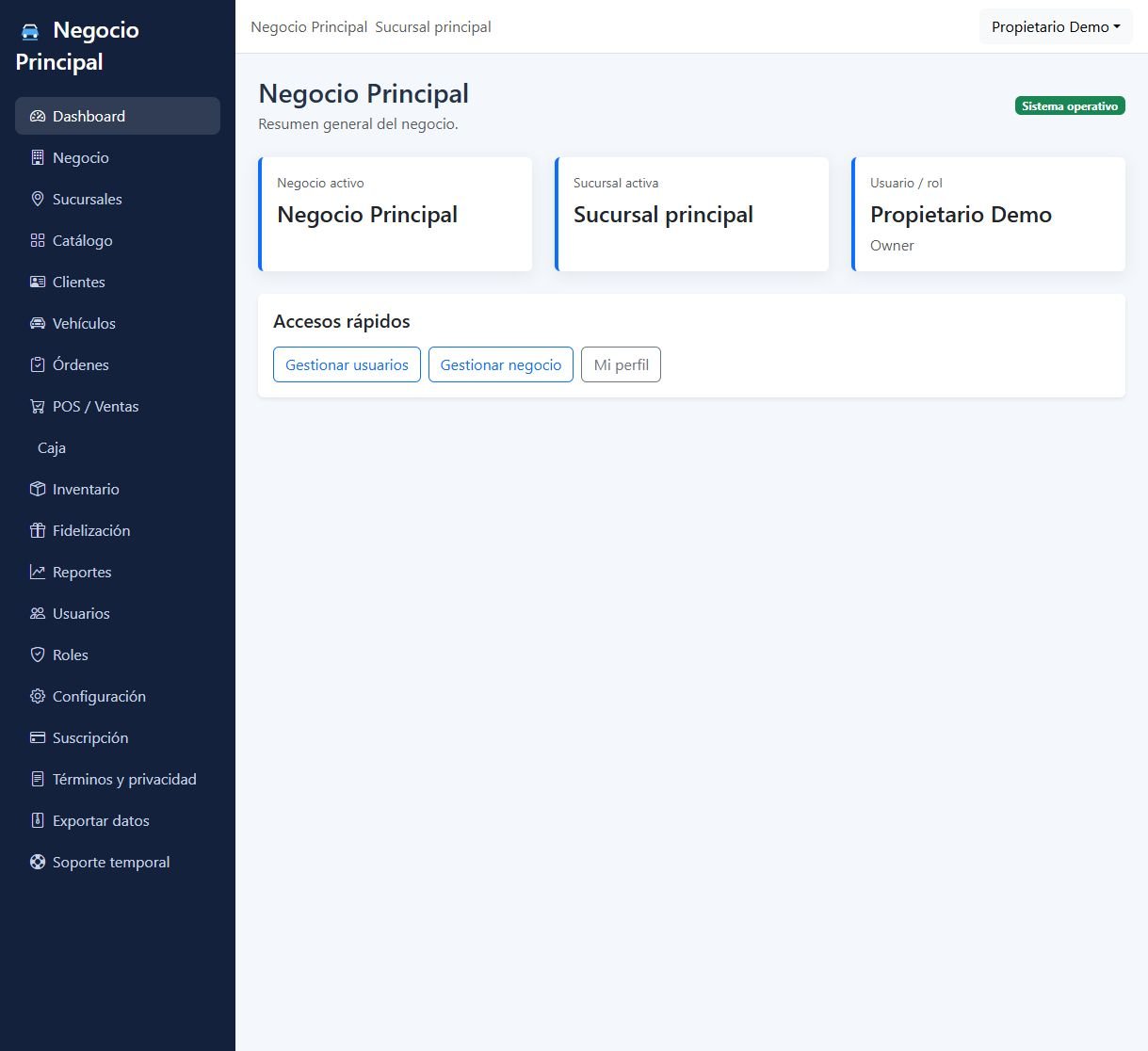 Vista real del panel de un negocio ficticio: resumen de negocio, sucursal y accesos rápidos.