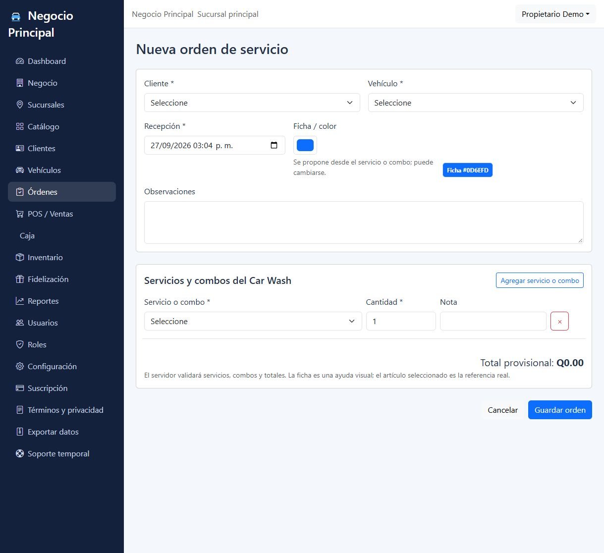 Formulario real de orden de servicio con cliente, vehículo, recepción y servicios.